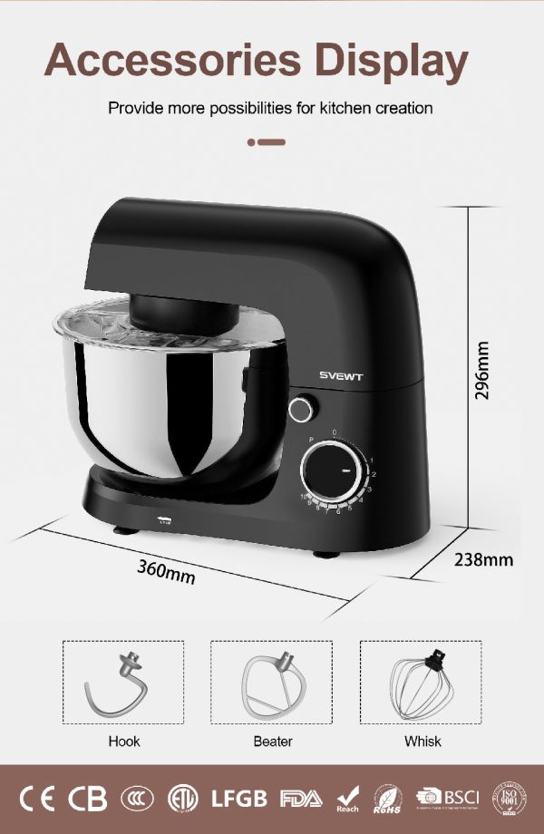 SVEWT SM-1540 1500W Stand Mixer Chef Machine Food Mixer 10-Speed Control With 5.5L SUS304 Stainless Steel Bowl - Black - Image 4