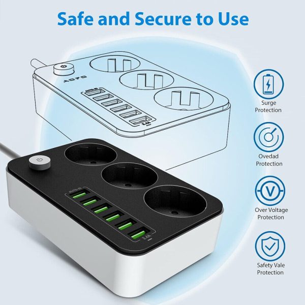 Steckdosenleiste 3-Fach 6 USB Mehrfachsteckdose Mit Flachstecker Und Schalter DE - Image 4