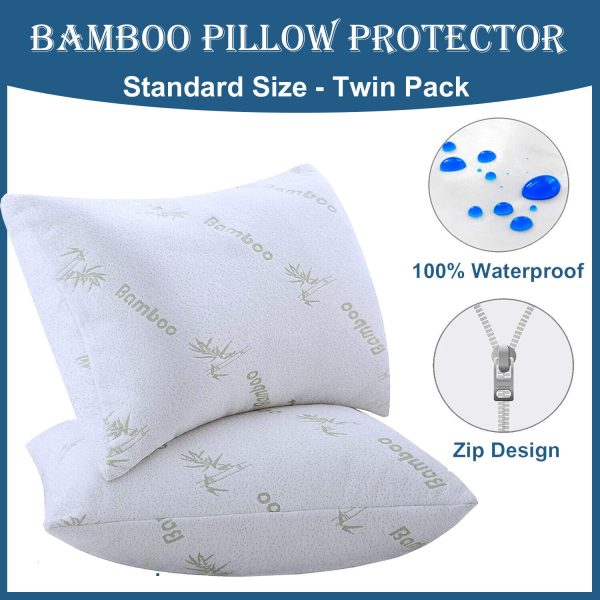 2PCS Waterproof Bamboo Pillow Protector Case Breathable Slip - Zipper Open