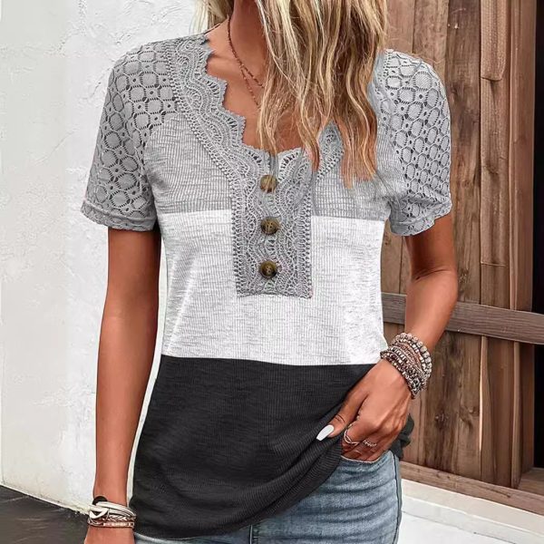 Women's Casual Lace Patchwork Short-sleeved T-shirt - Image 7