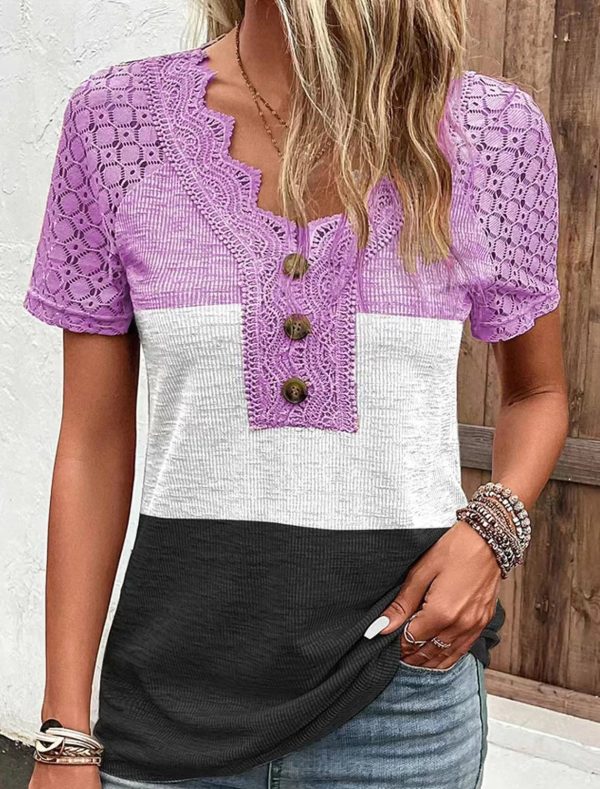 Women's Casual Lace Patchwork Short-sleeved T-shirt - Image 3