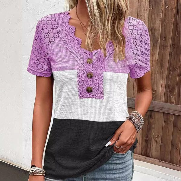Women's Casual Lace Patchwork Short-sleeved T-shirt - Image 9
