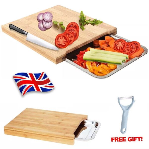 Bamboo Wooden Chopping Board Cutting Slicing  Sliding Stainless Steel Tray - Image 10