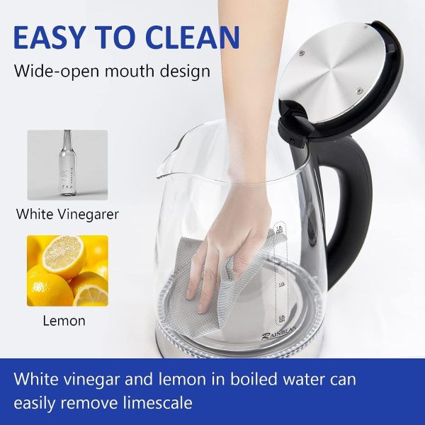 Electric Kettle Water Boiler, 1.8L Electric Tea Kettle, Wide Opening Hot Water Boiler With LED Light, Auto Shut-Off & Boil Dry Protection, Glass Black - Image 6